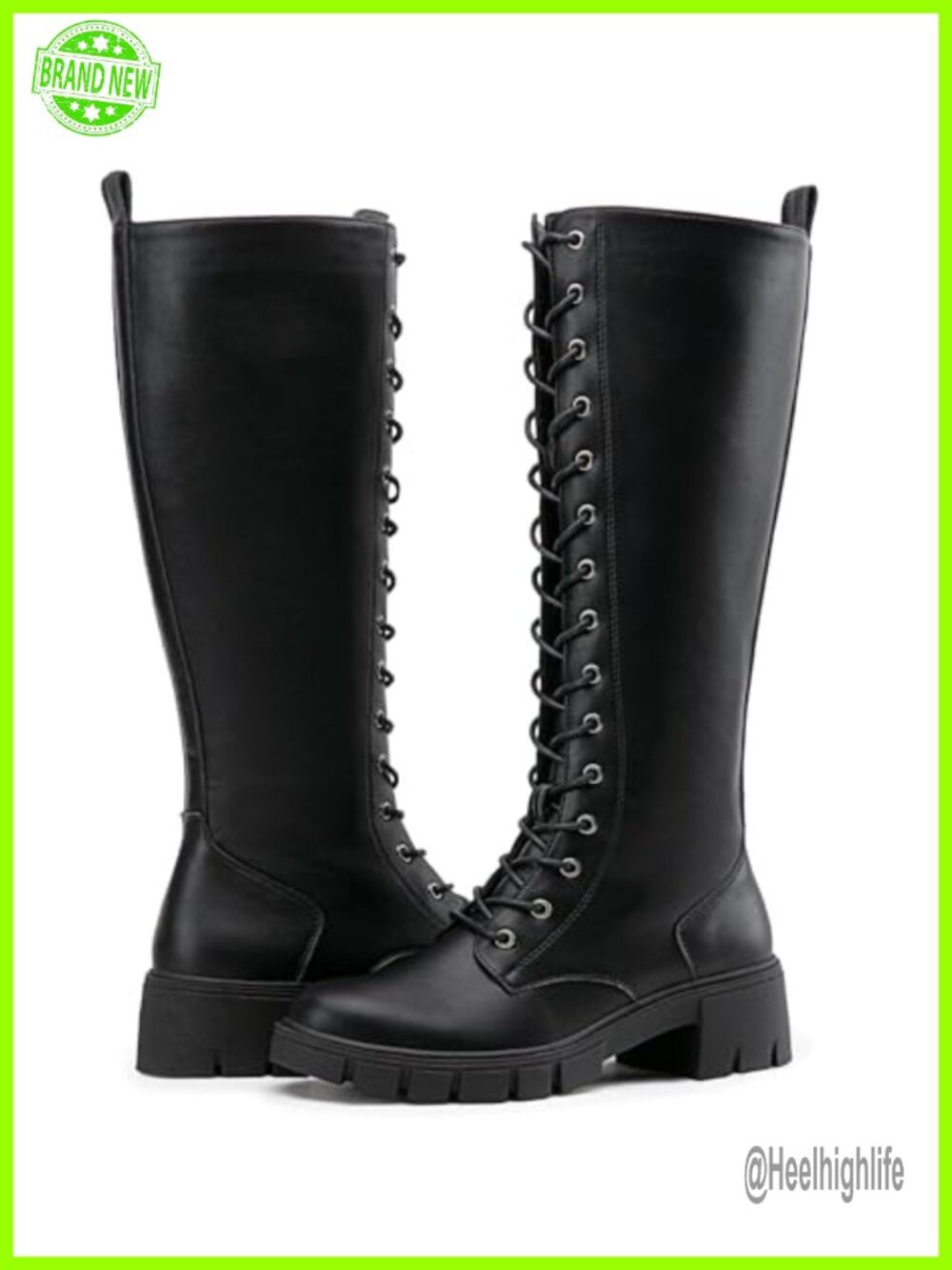 Women's Faux Leather Knee High Combat Boots Platform Chunky Heel Lace Up